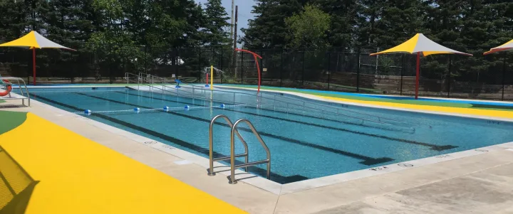 East End Pool with lane markings and poolside seating